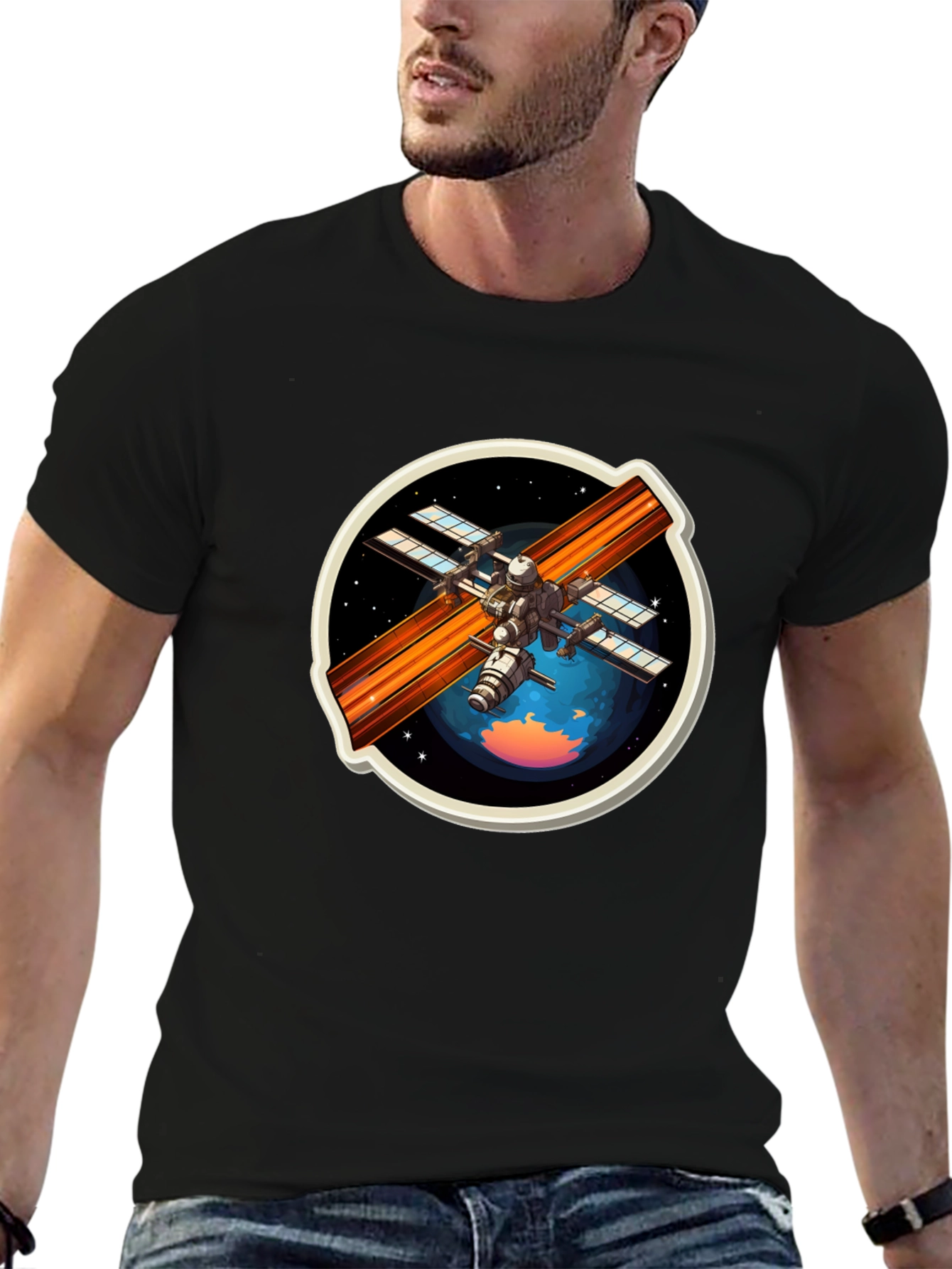 Space Station Graphic Tee - Black Crew Neck
