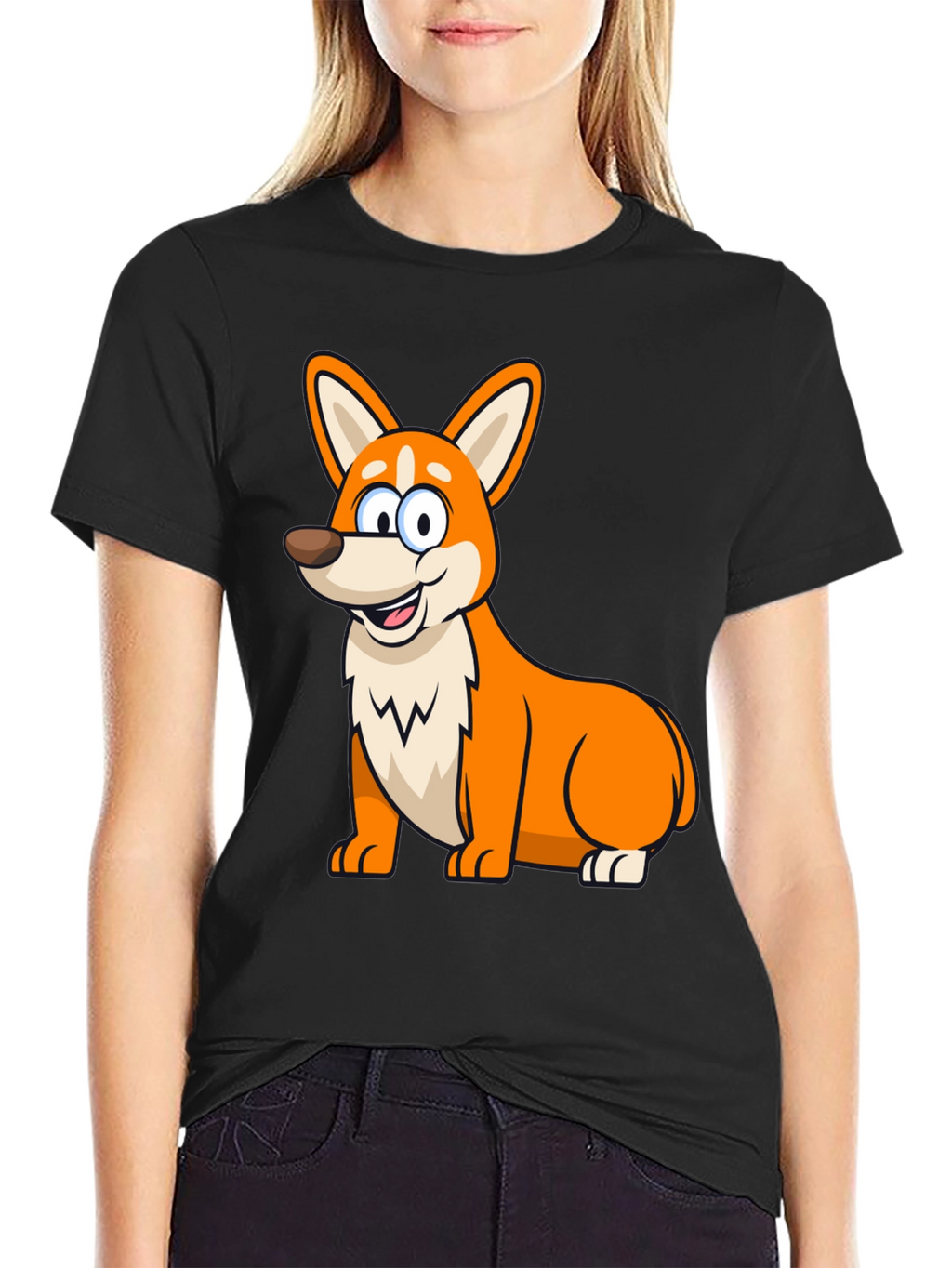 Cute Corgi Cartoon Black T-Shirt