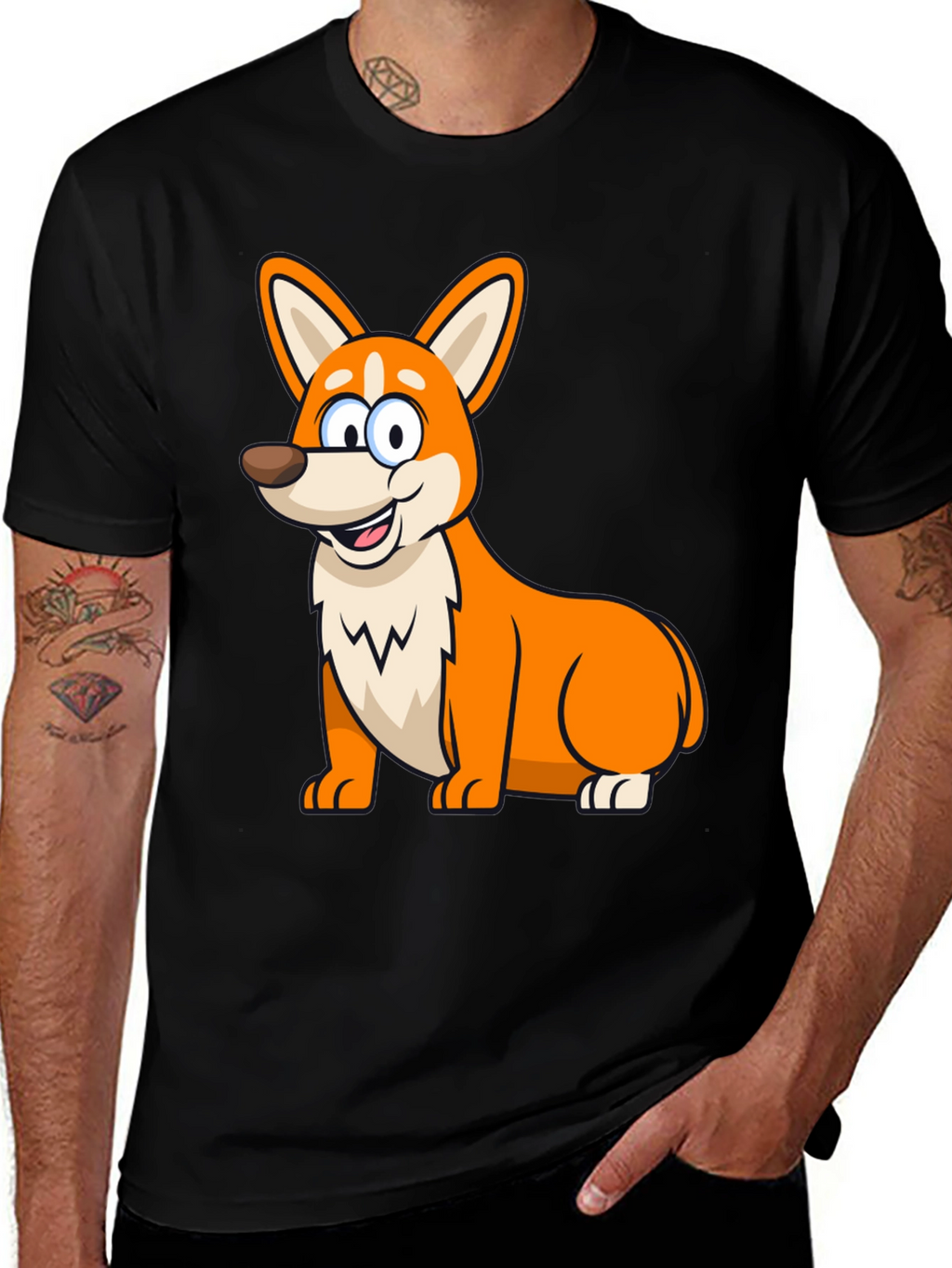 Cute Corgi Cartoon Black T-Shirt