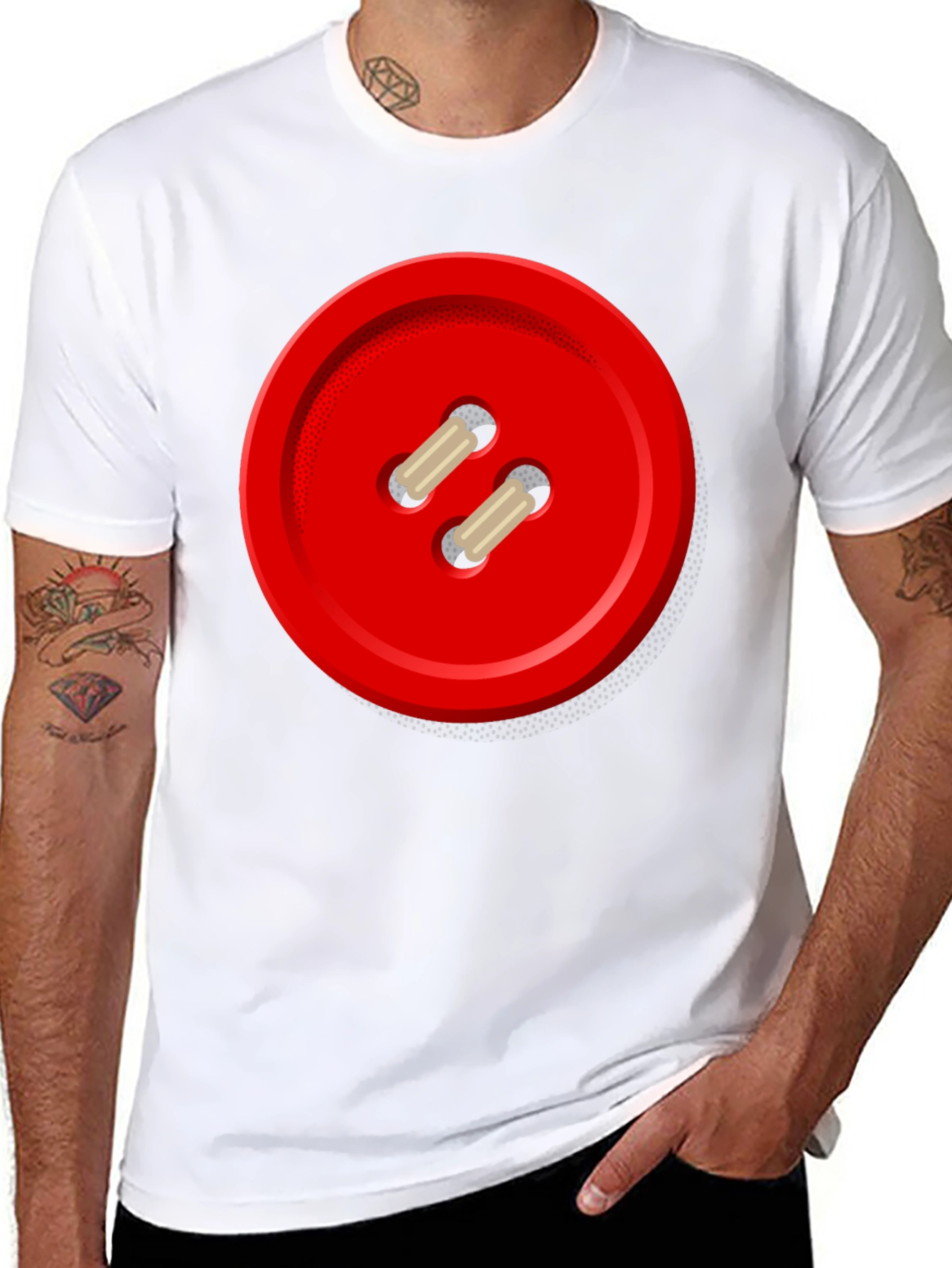 Red Button Graphic Tee - Unique Novelty Shirt