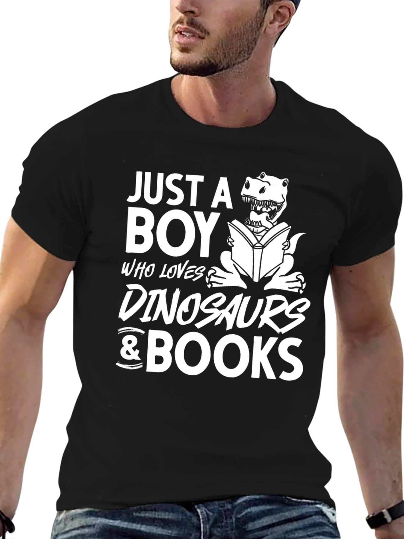 Boy Loves Dinosaurs & Books Black Graphic T-Shirt
