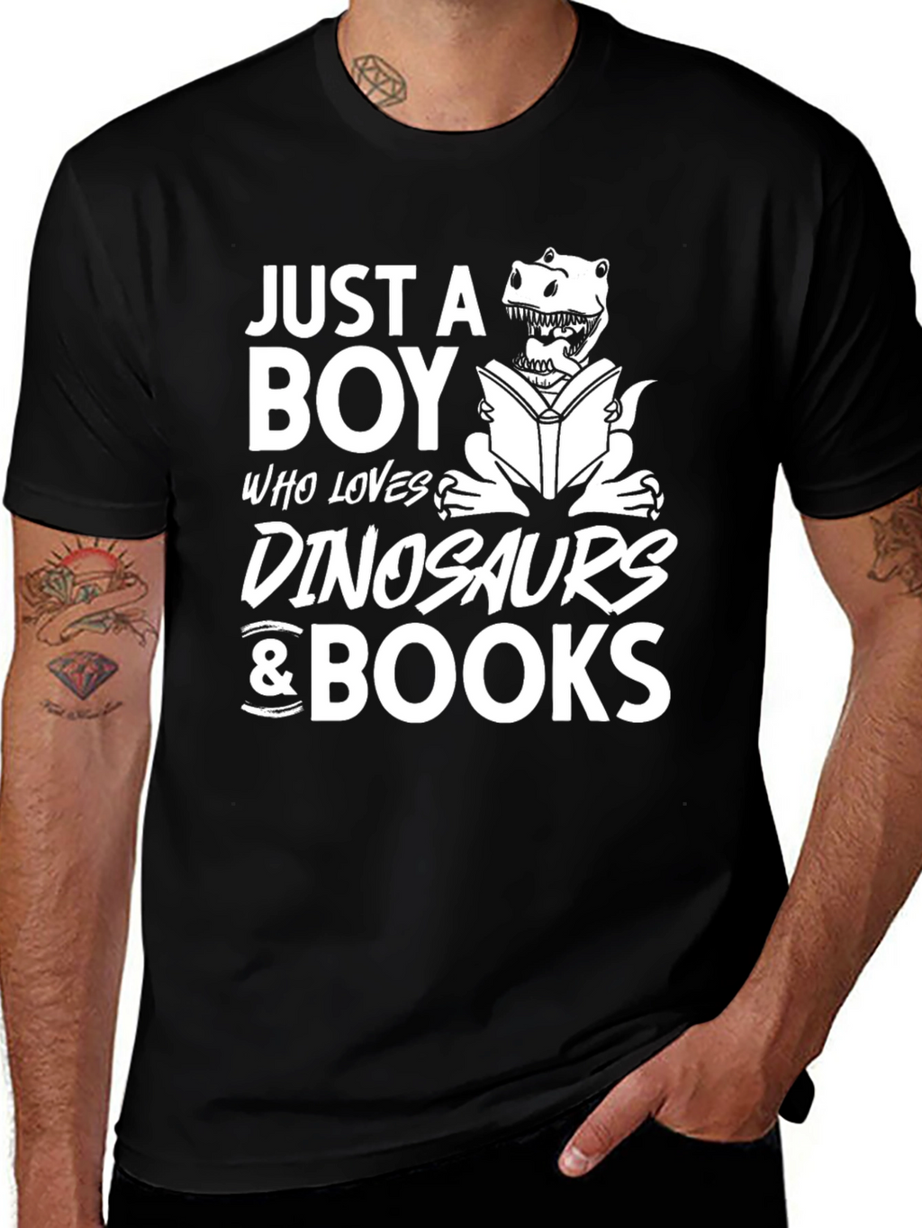 Boy Loves Dinosaurs & Books Black Graphic T-Shirt