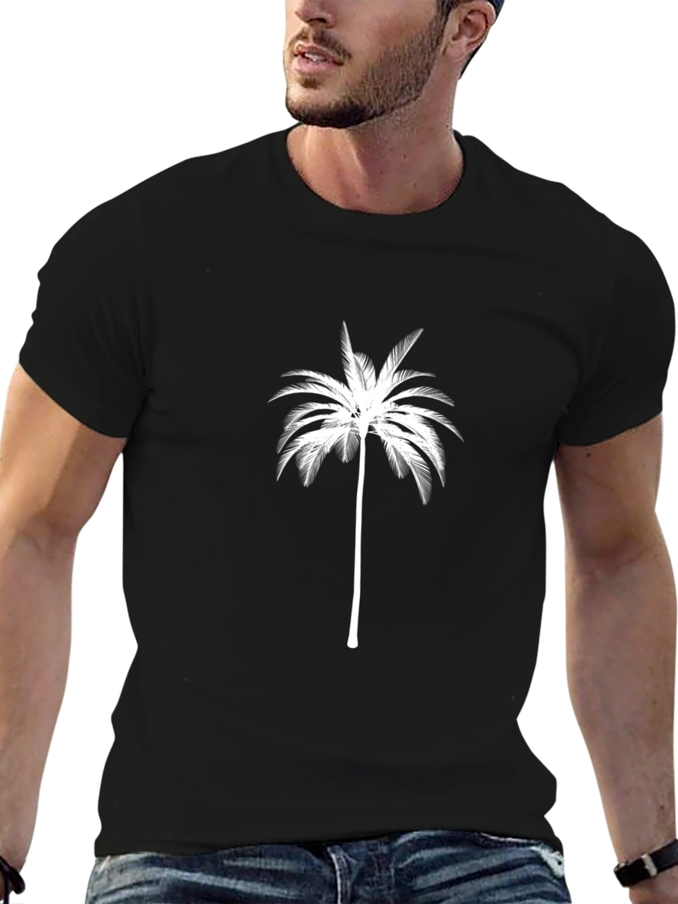 Palm Tree Graphic Tee - Black Cotton T-Shirt