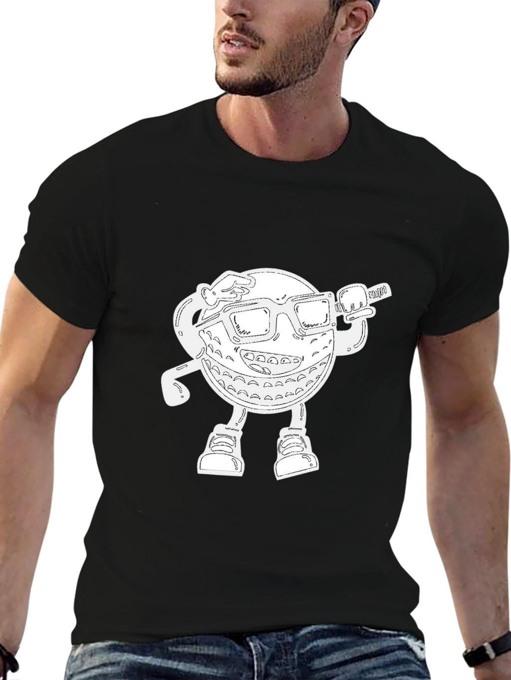 Cool Cartoon Golf Ball Graphic Black T-Shirt