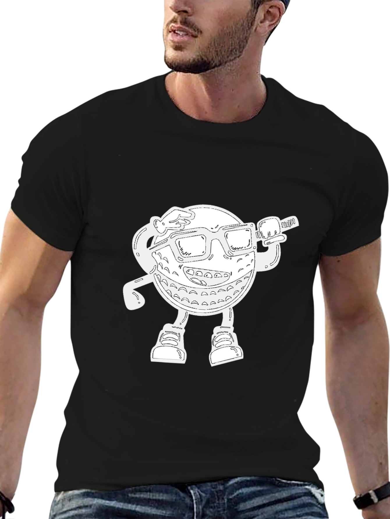 Cool Cartoon Golf Ball Graphic Black T-Shirt