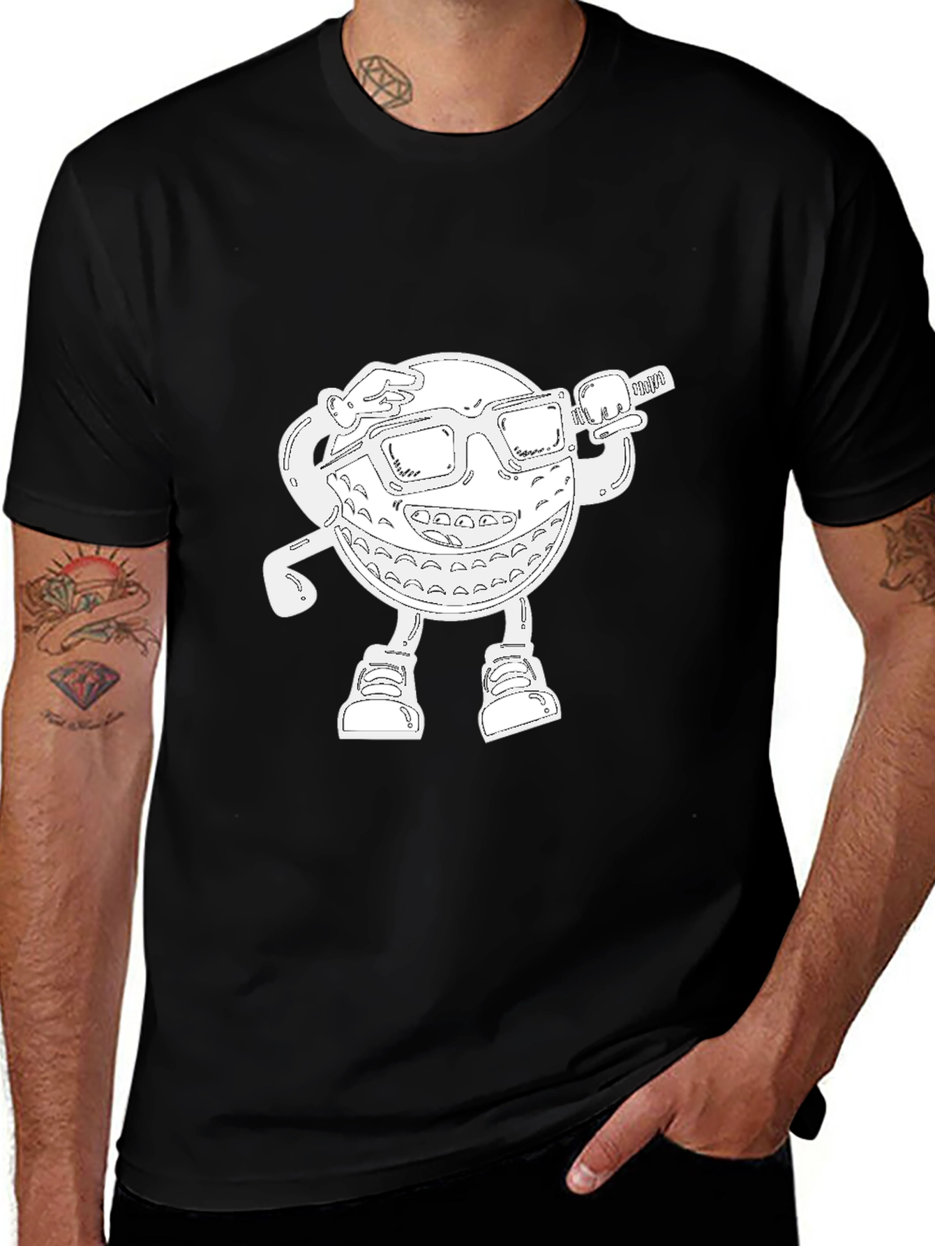 Cool Cartoon Golf Ball Graphic Black T-Shirt