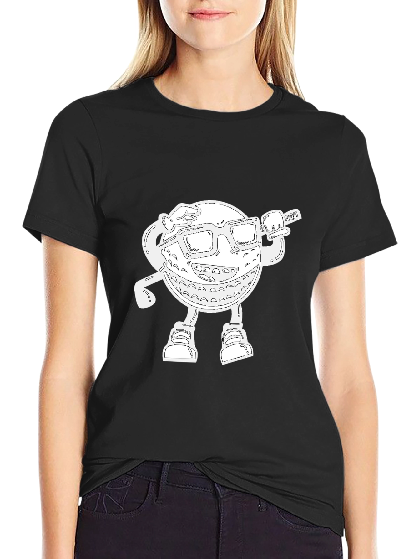 Cool Cartoon Golf Ball Graphic Black T-Shirt