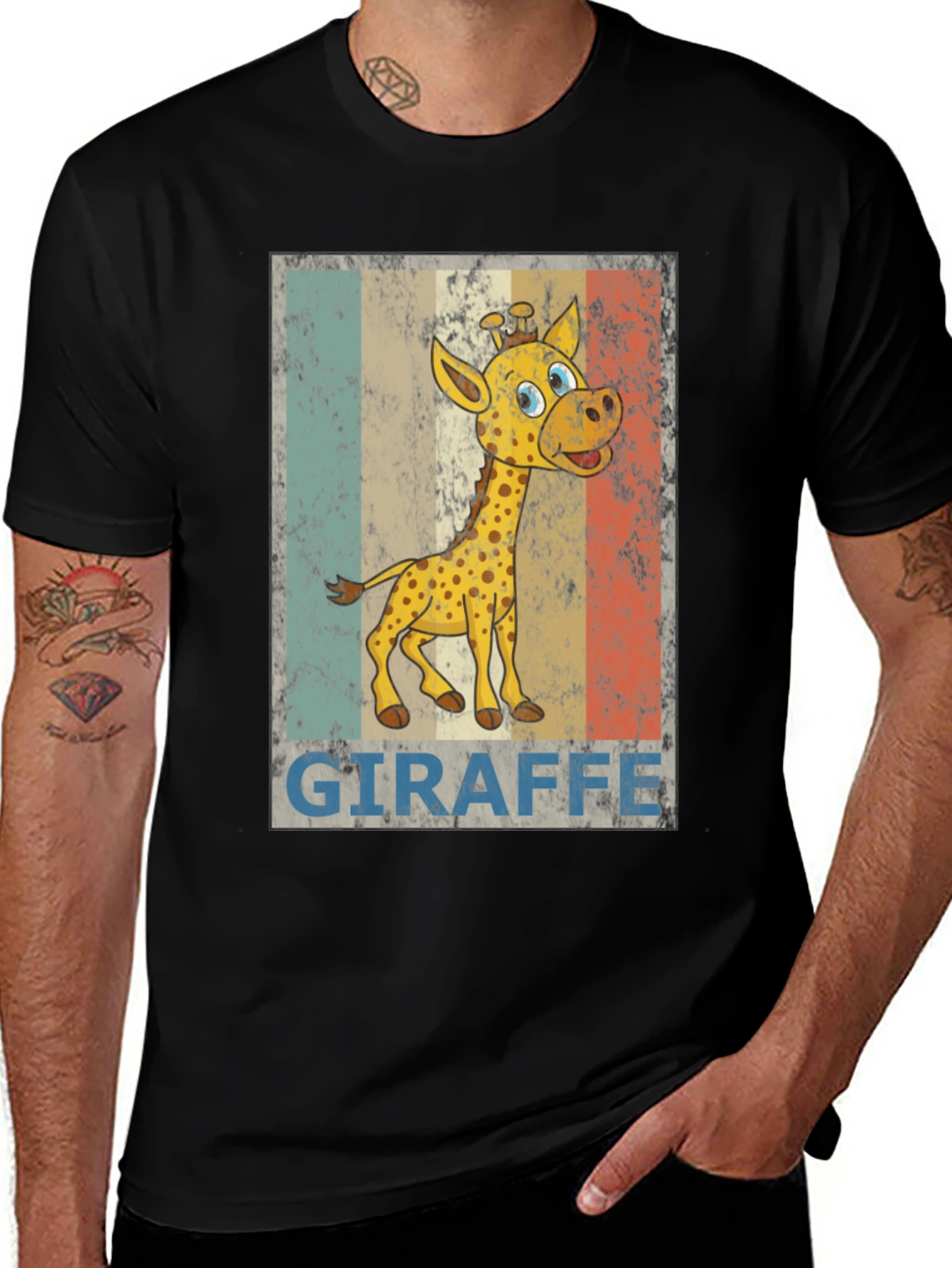 Giraffe Cartoon Print Black T-Shirt