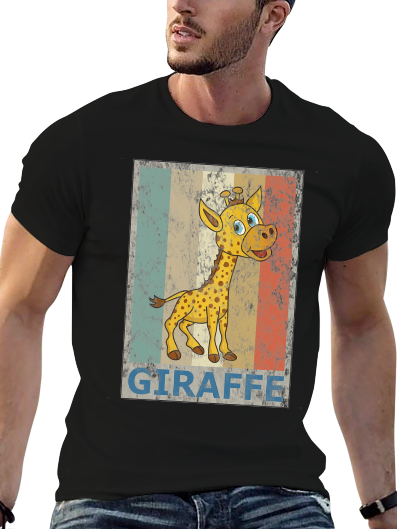 Giraffe Cartoon Print Black T-Shirt