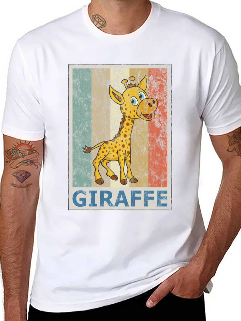 Giraffe Cartoon Print Black T-Shirt