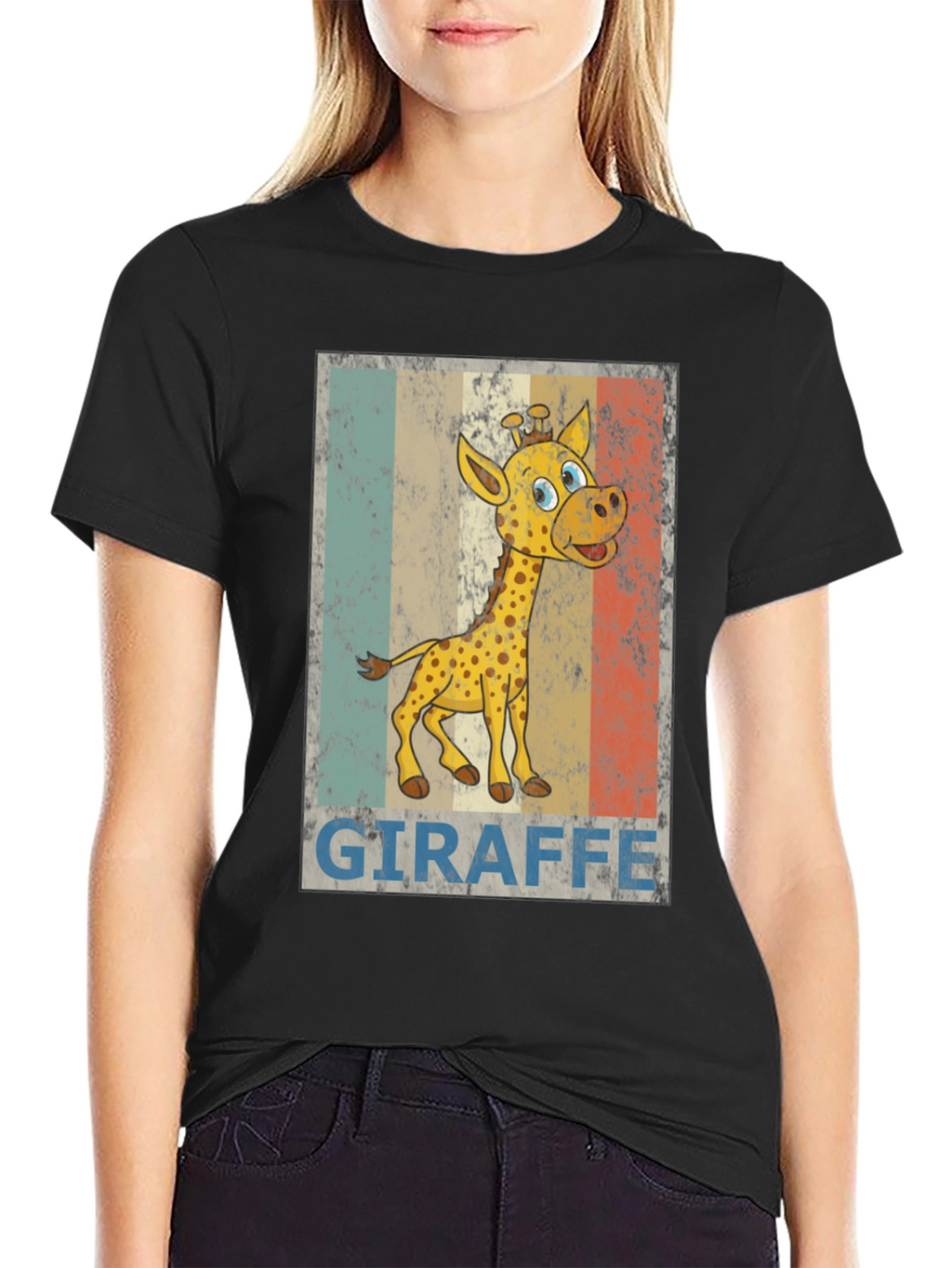 Giraffe Cartoon Print Black T-Shirt