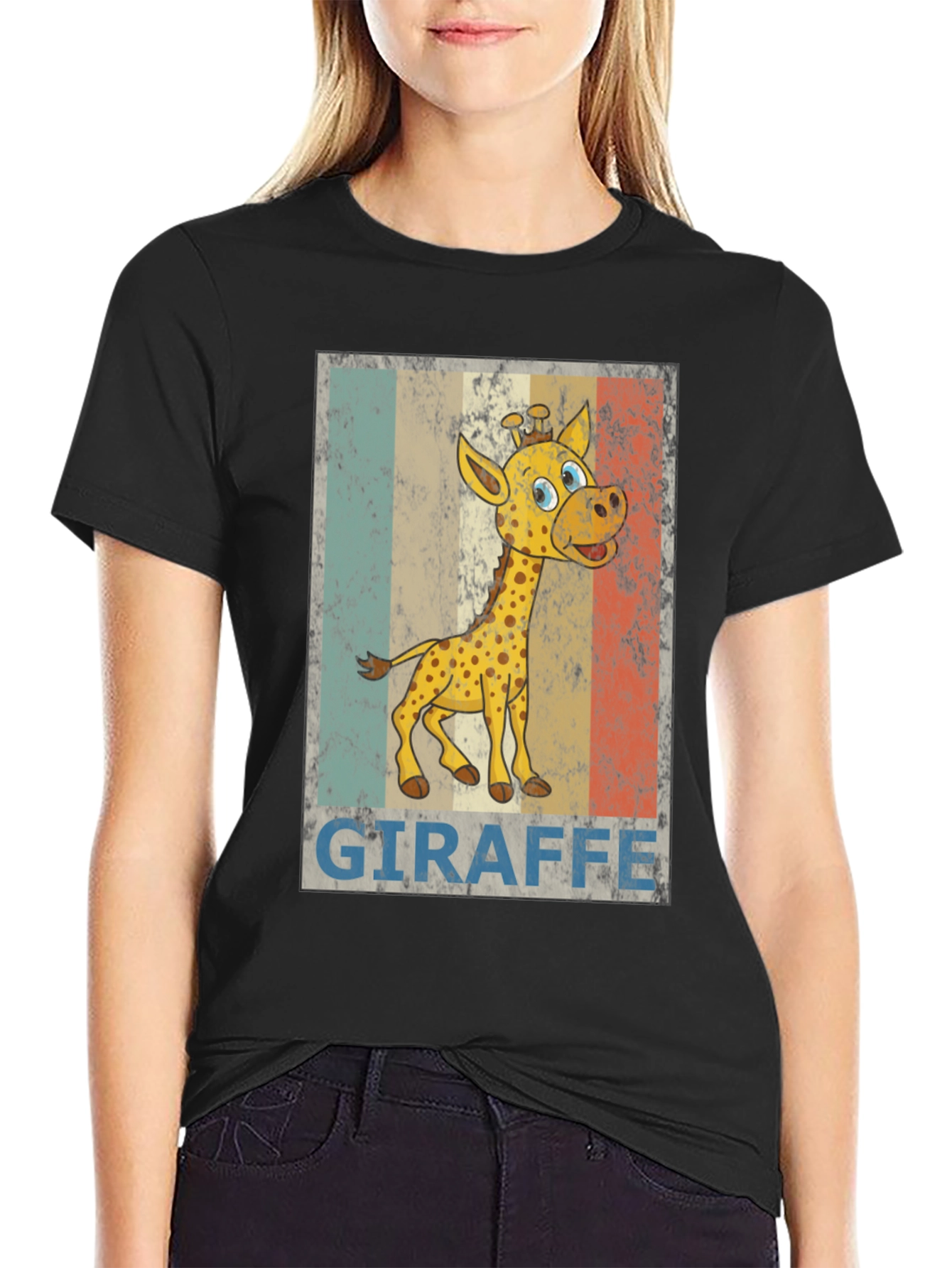 Giraffe Cartoon Print Black T-Shirt