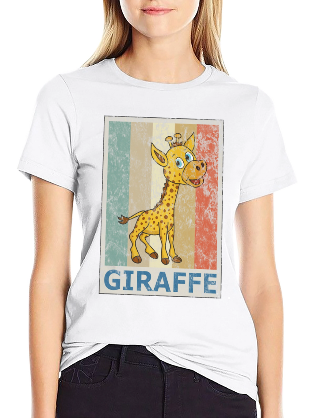 Giraffe Cartoon Print Black T-Shirt