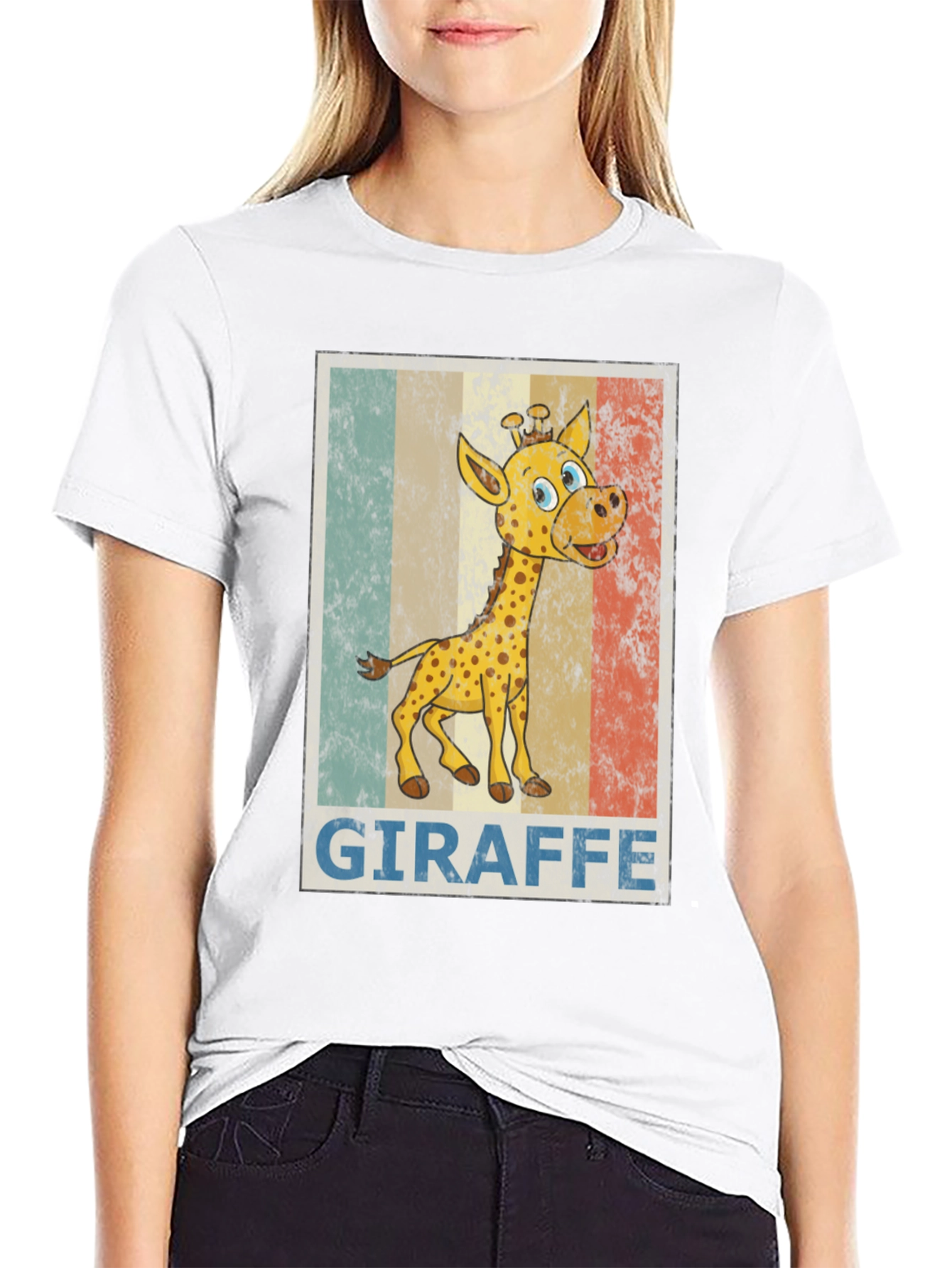 Giraffe Cartoon Print Black T-Shirt