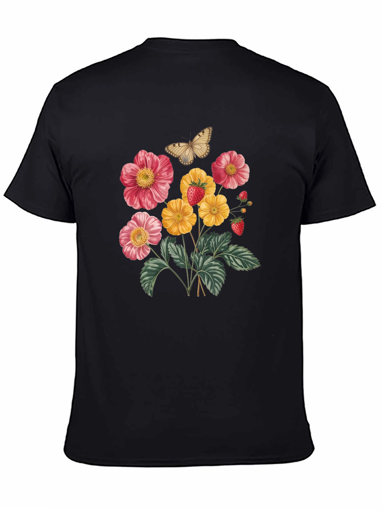 Floral & Butterfly Print Black T-Shirt