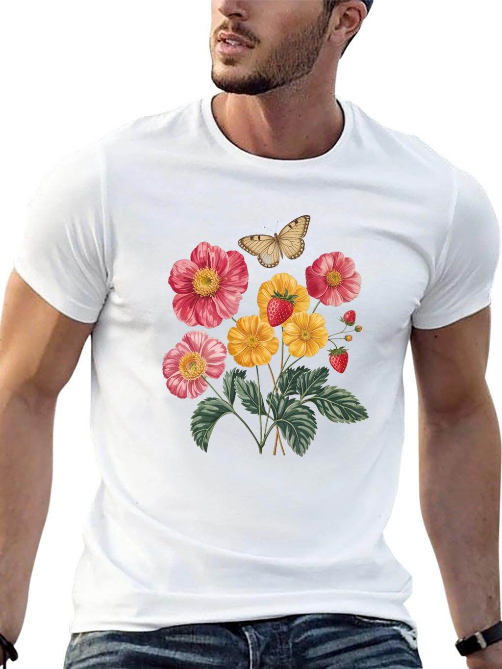 Floral & Butterfly Print Black T-Shirt