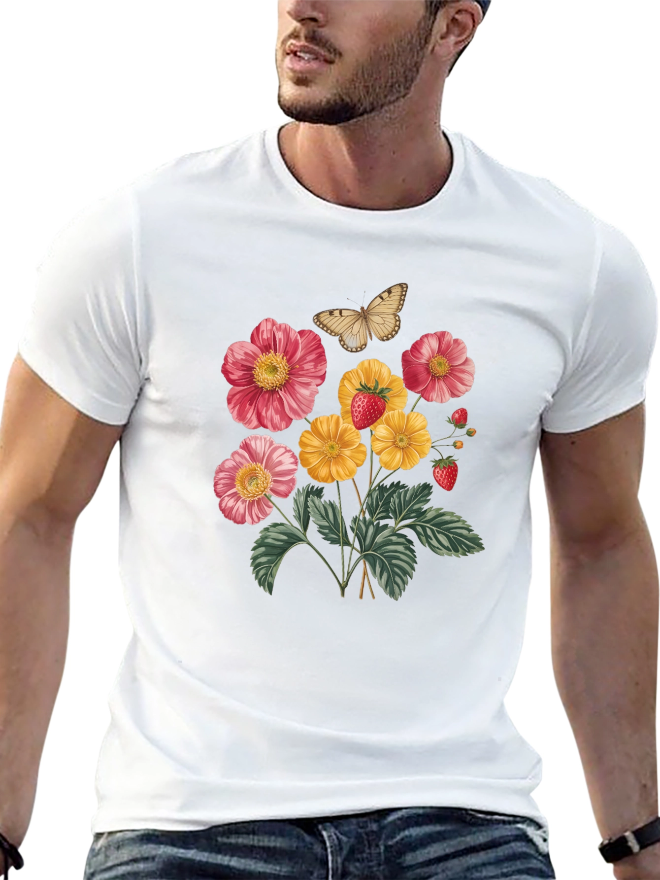 Floral & Butterfly Print Black T-Shirt