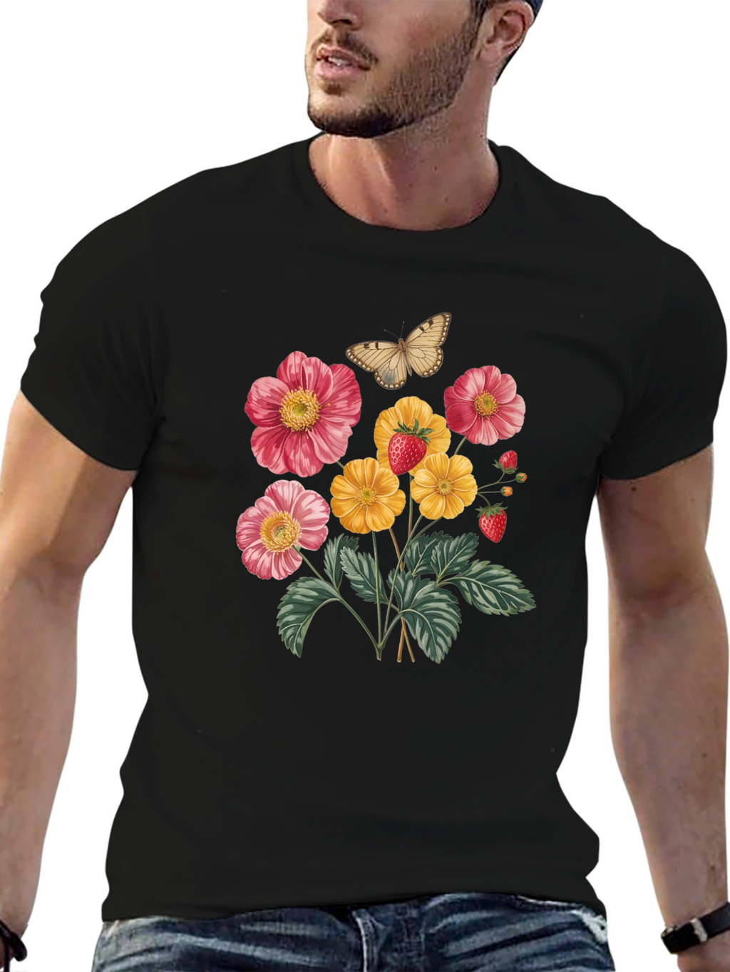 Floral & Butterfly Print Black T-Shirt