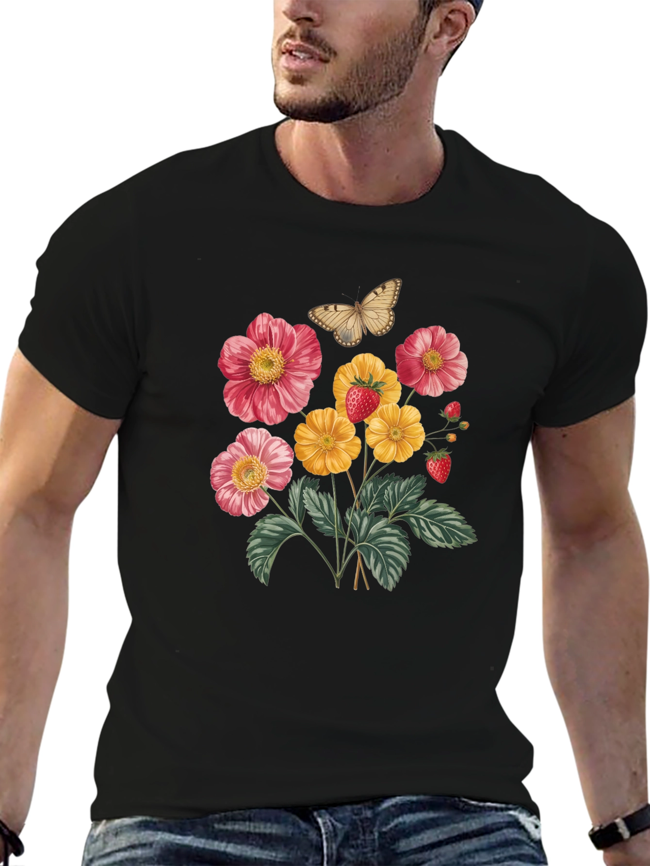 Floral & Butterfly Print Black T-Shirt