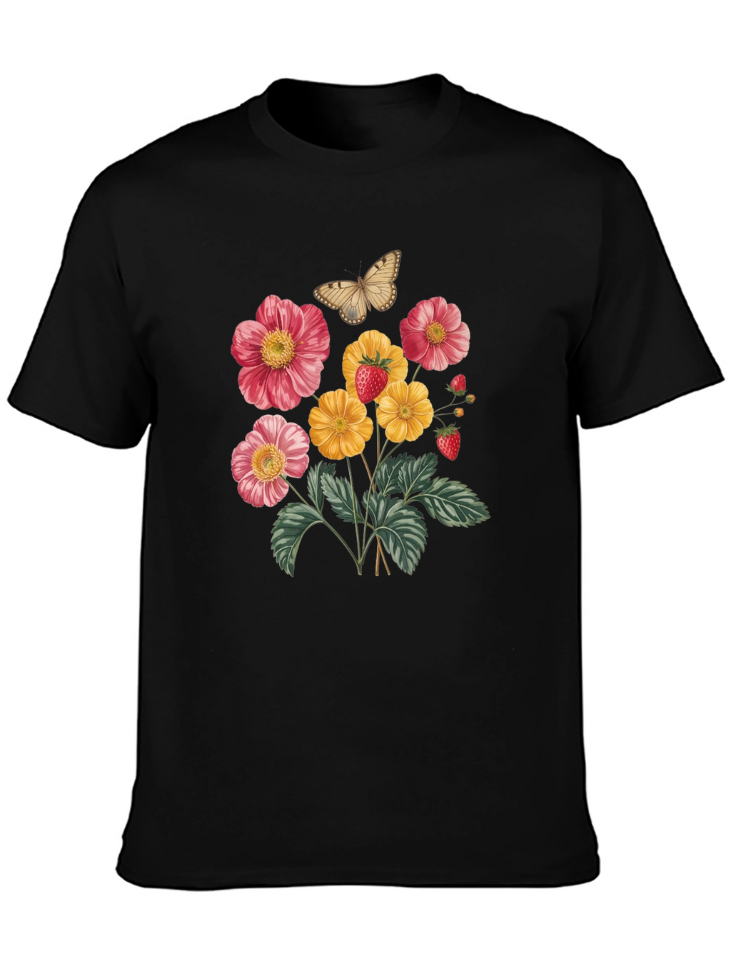 Floral & Butterfly Print Black T-Shirt