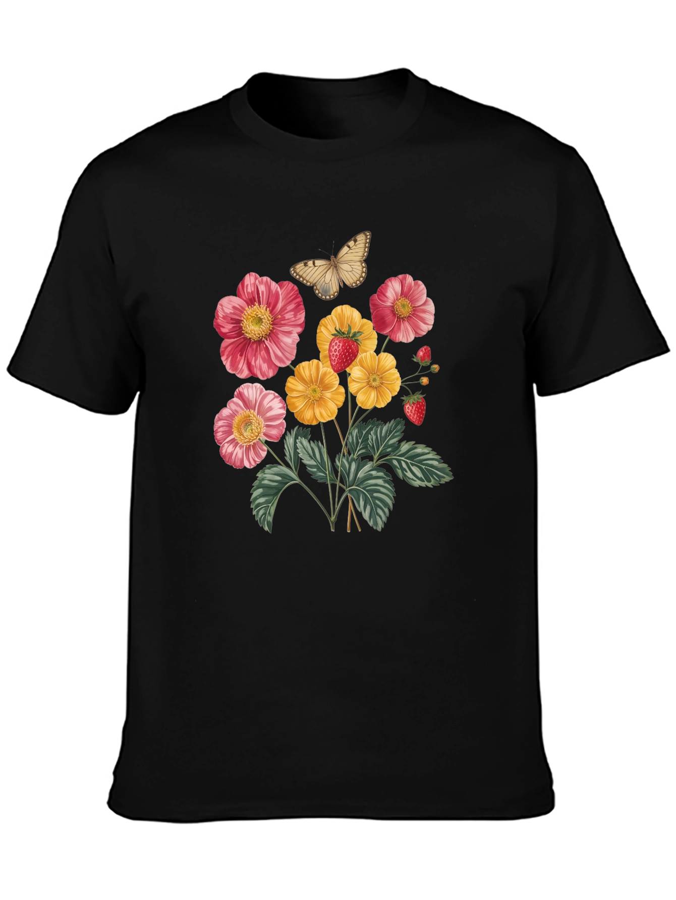 Floral & Butterfly Print Black T-Shirt
