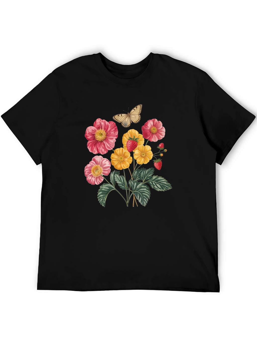 Floral & Butterfly Print Black T-Shirt