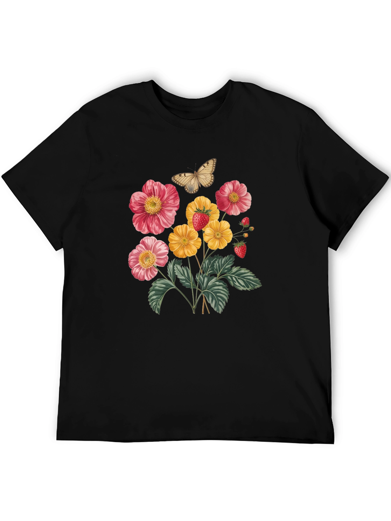 Floral & Butterfly Print Black T-Shirt