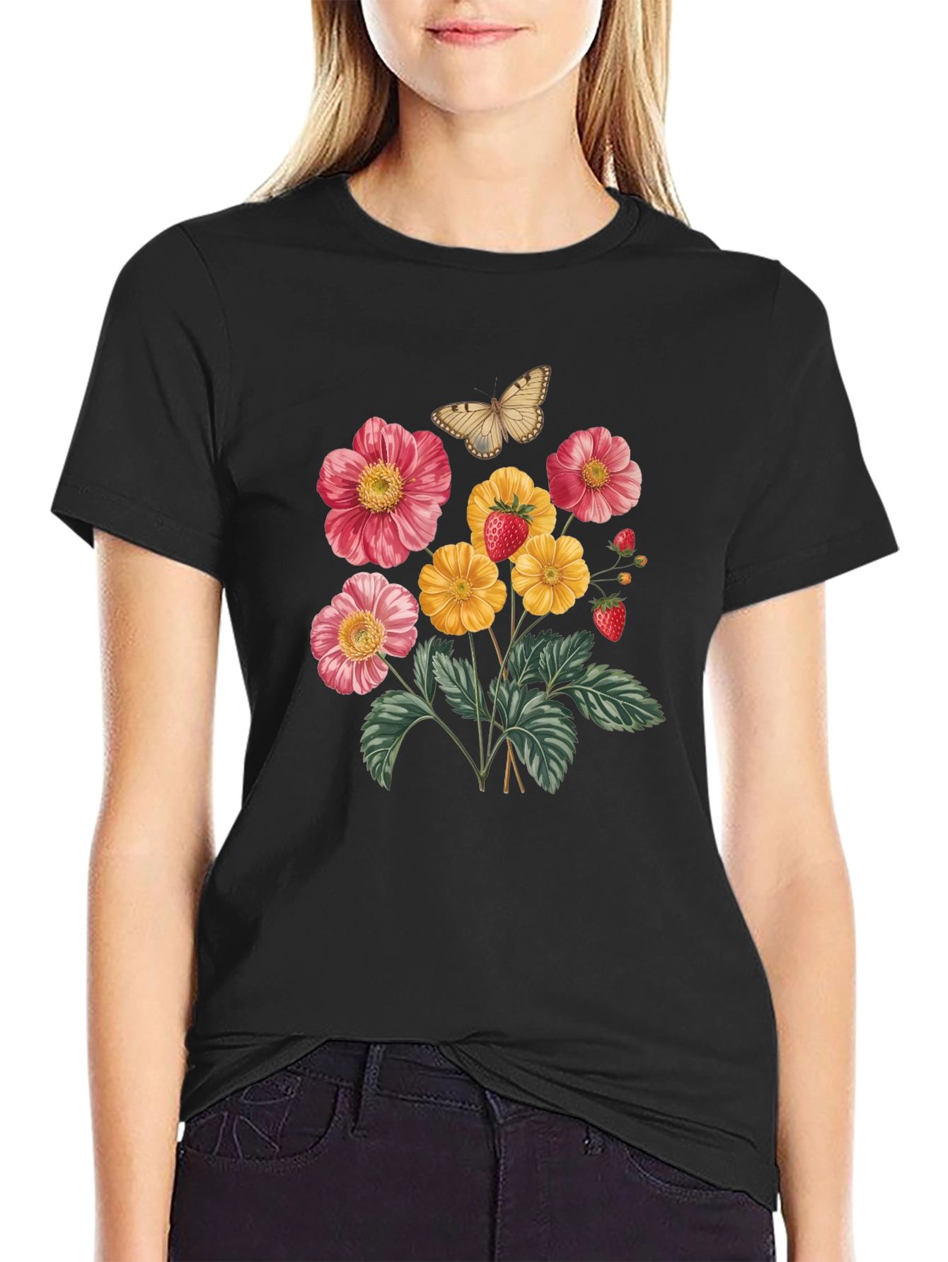 Floral & Butterfly Print Black T-Shirt