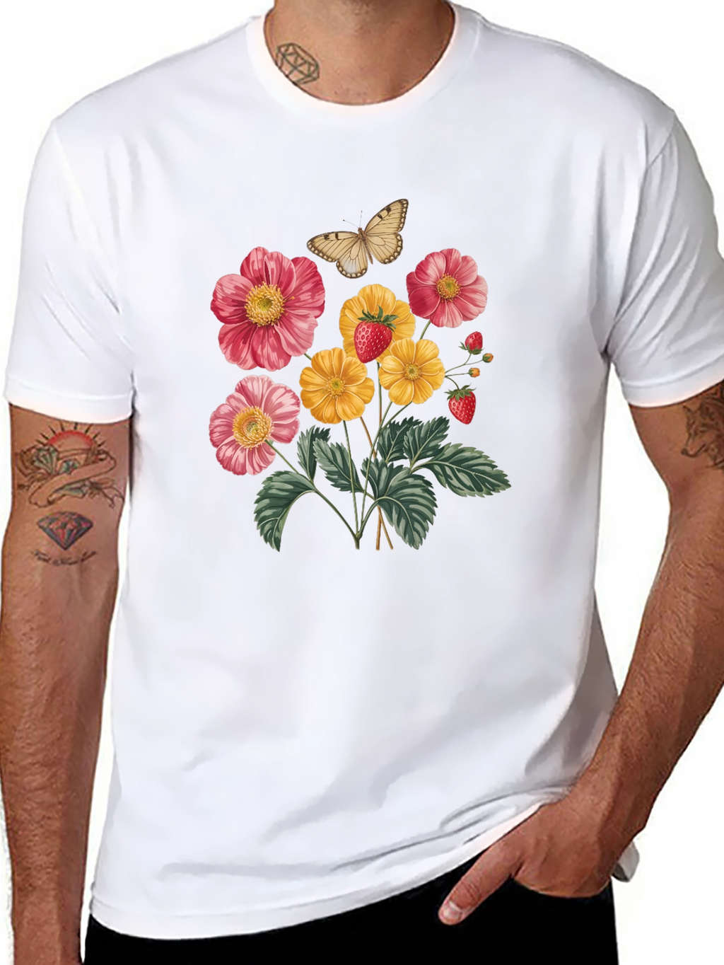 Floral & Butterfly Print Black T-Shirt