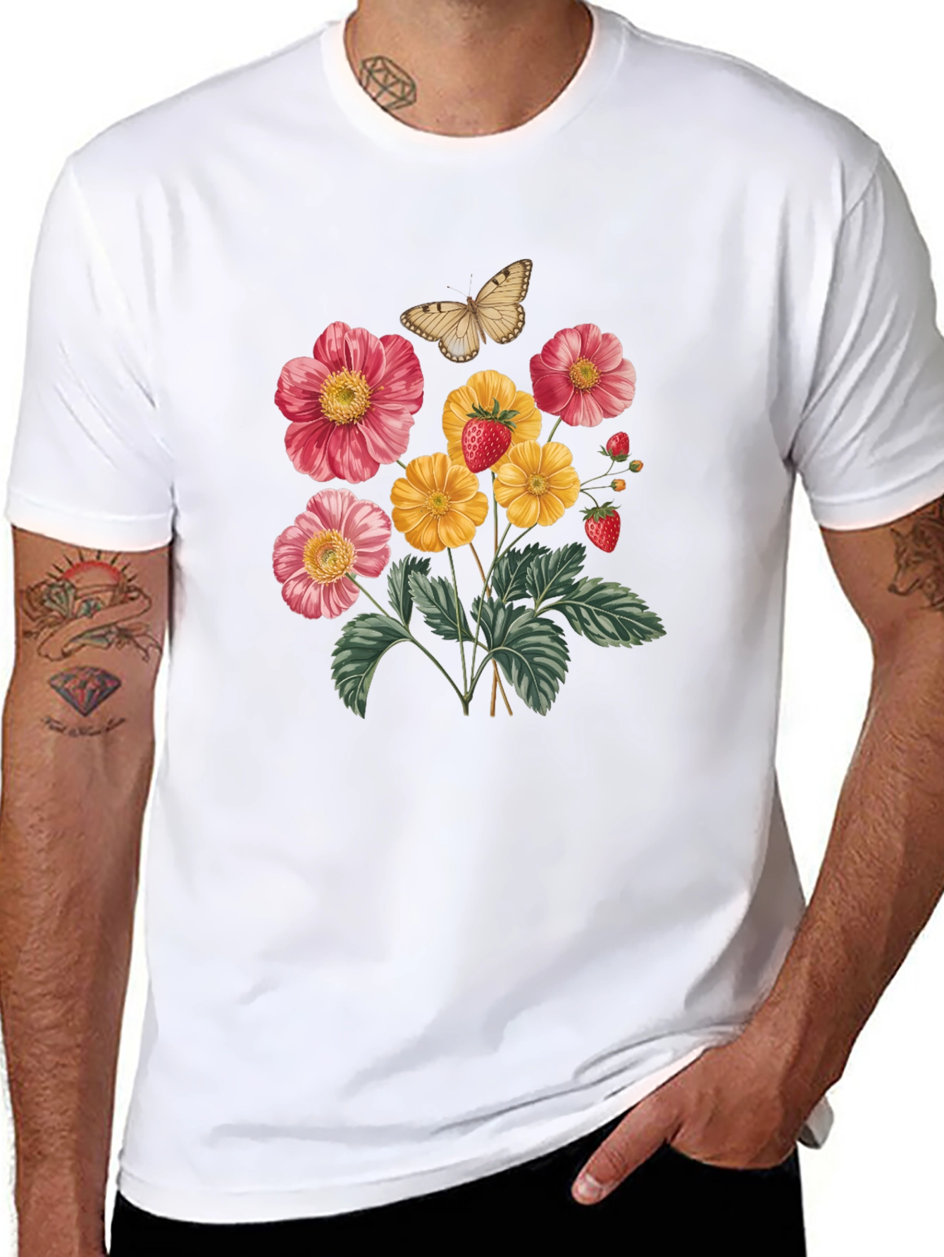 Floral & Butterfly Print Black T-Shirt