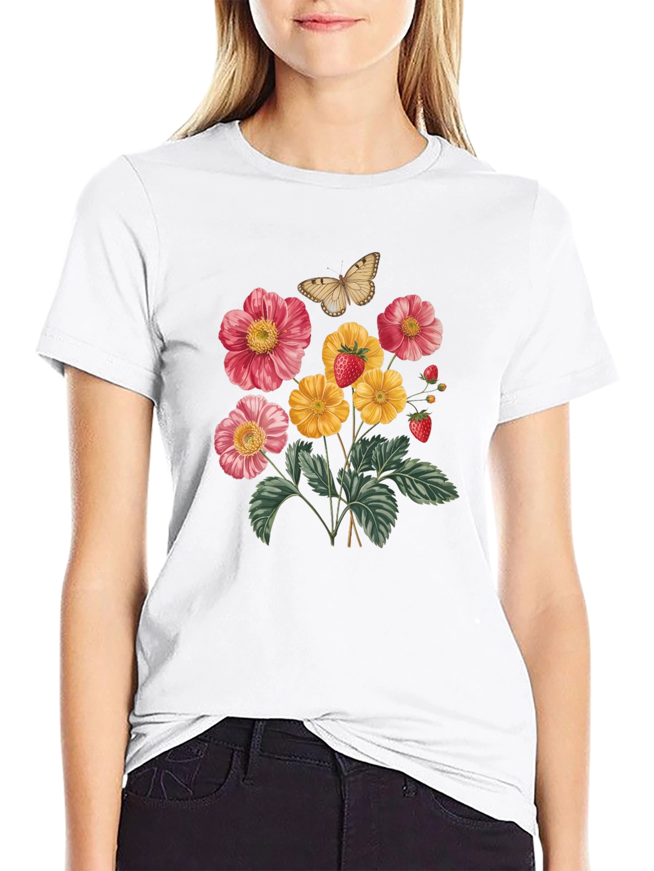 Floral & Butterfly Print Black T-Shirt