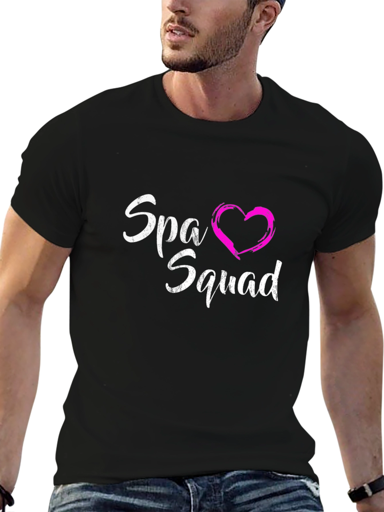 Spa Squad T-Shirt - Black Crew Neck Tee with Pink Heart