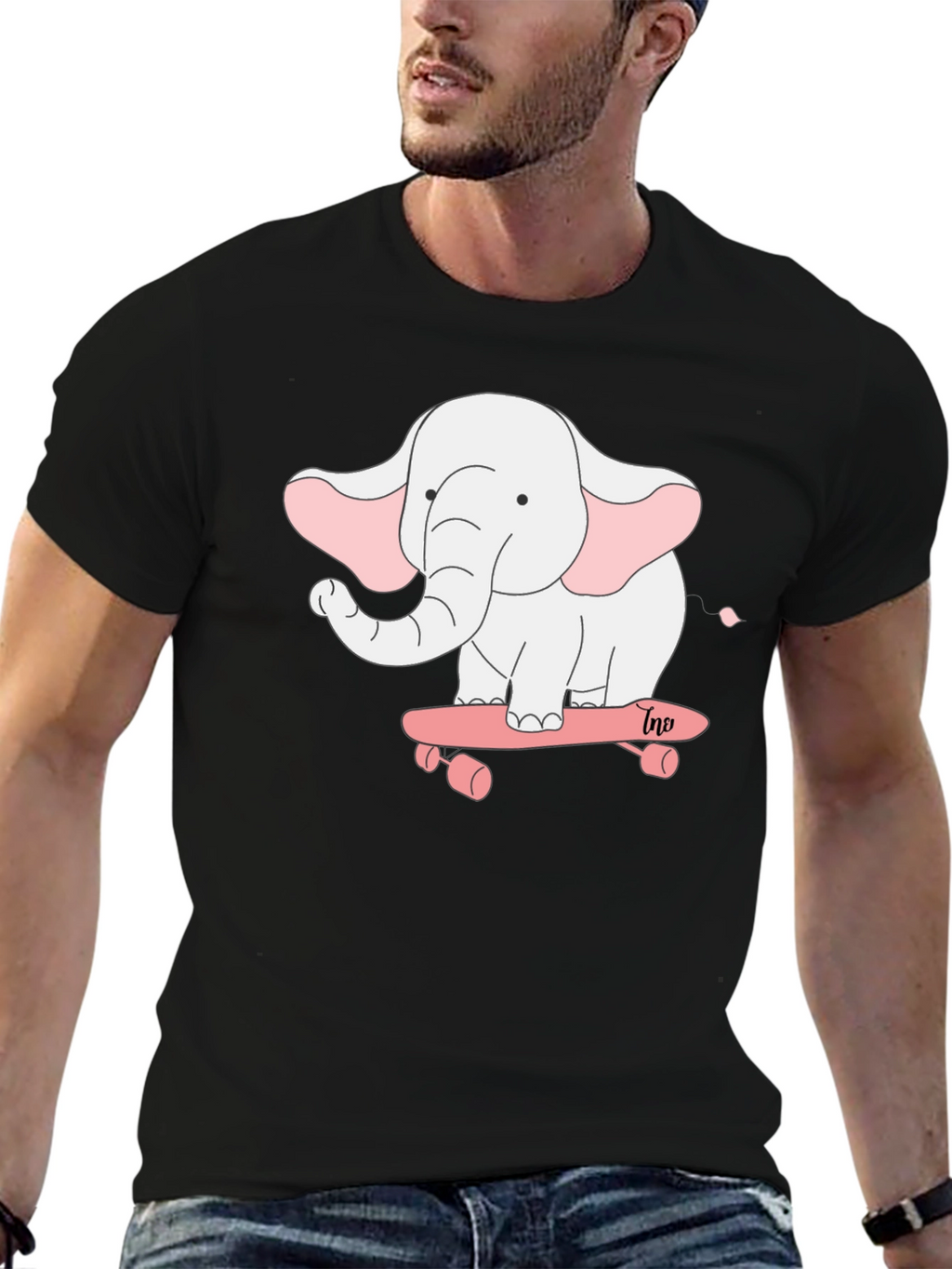 Elephant on Skateboard Black T-Shirt