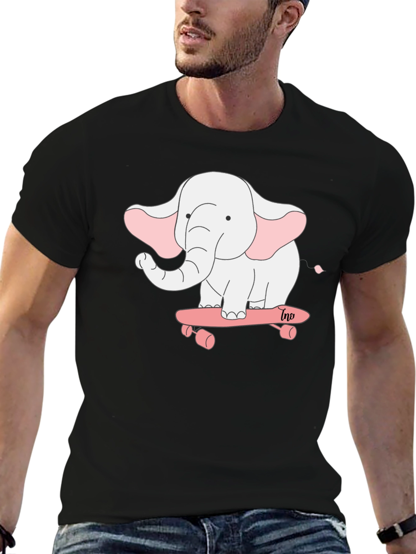 Elephant on Skateboard Black T-Shirt