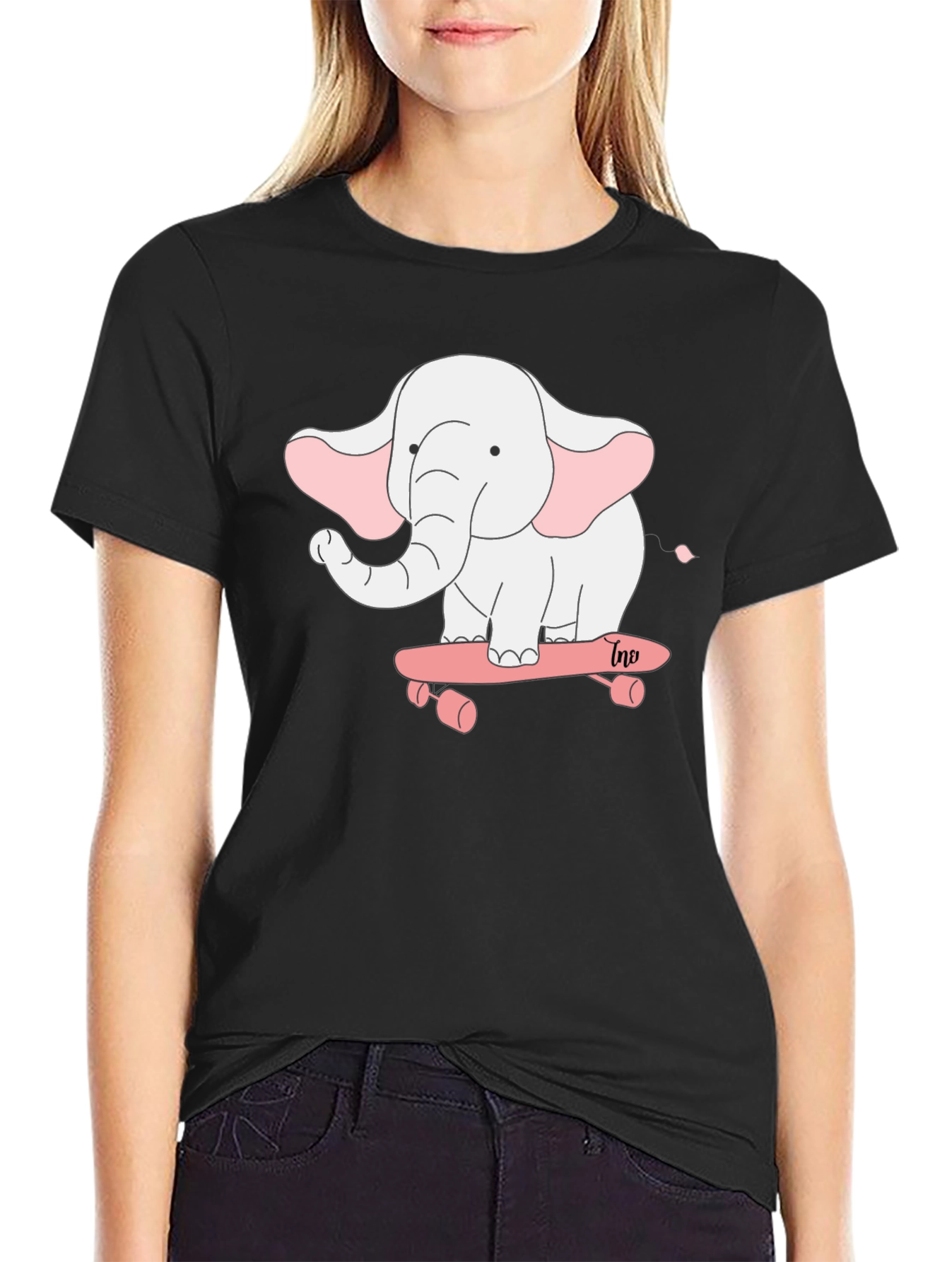 Elephant on Skateboard Black T-Shirt