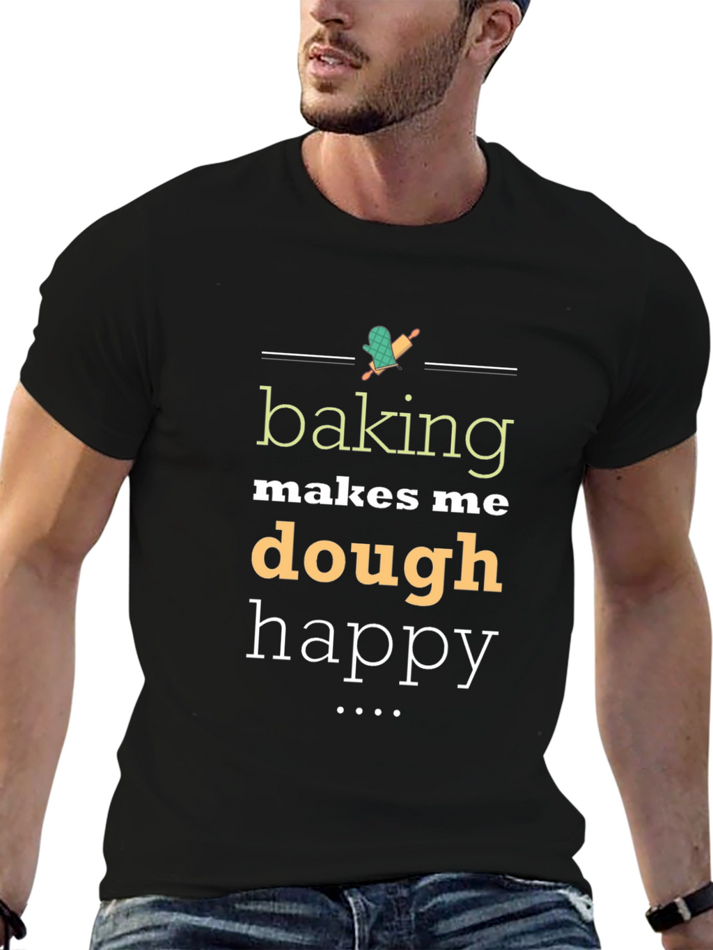 Baking Makes Me Dough Happy Black Graphic Tee