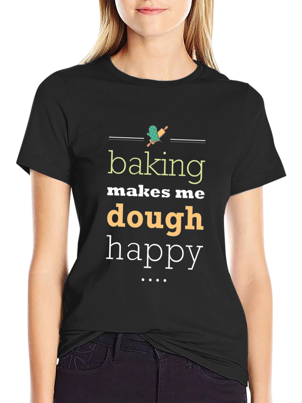 Baking Makes Me Dough Happy Black Graphic Tee