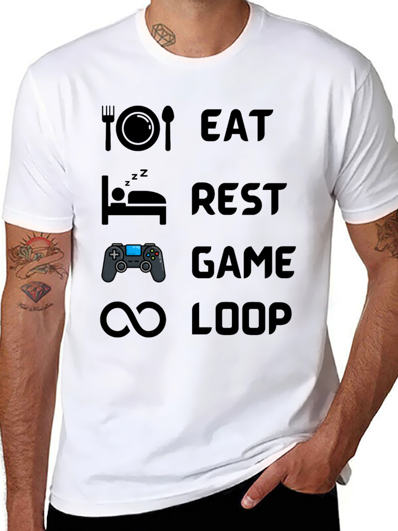 Eat Rest Game Loop Mens Black Graphic T-Shirt