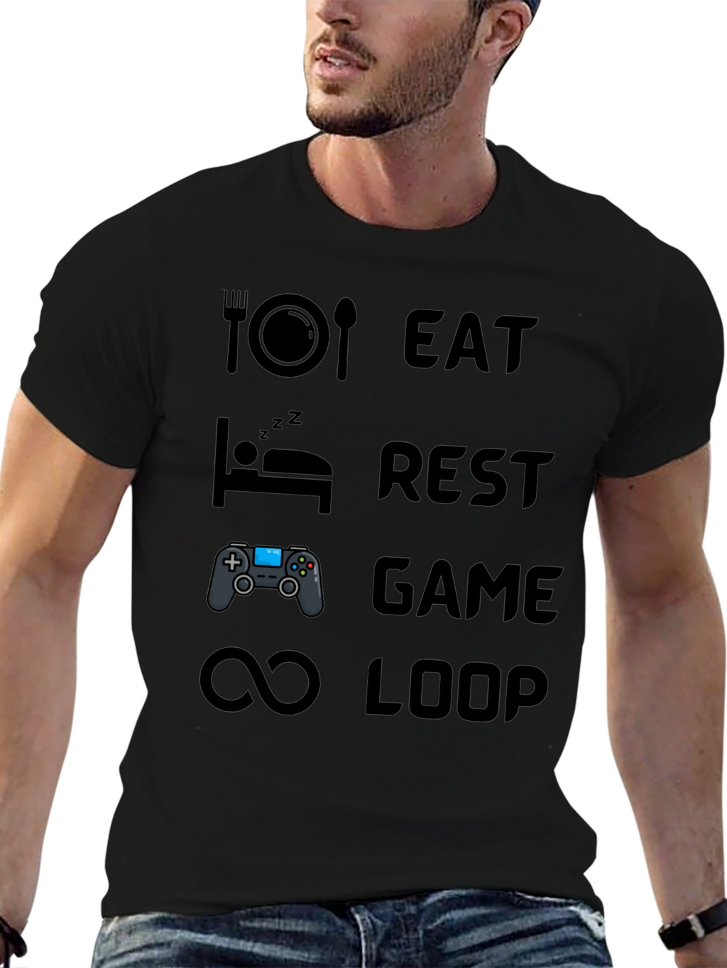Eat Rest Game Loop Mens Black Graphic T-Shirt