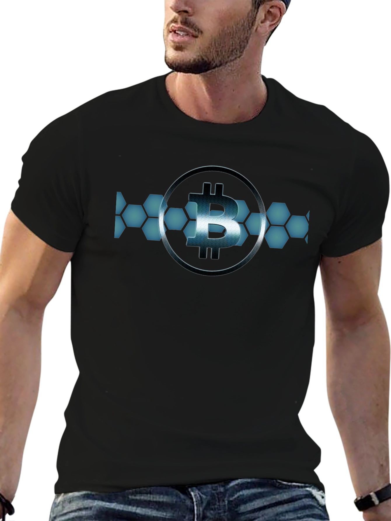Bitcoin Hexagon Design Black T-Shirt