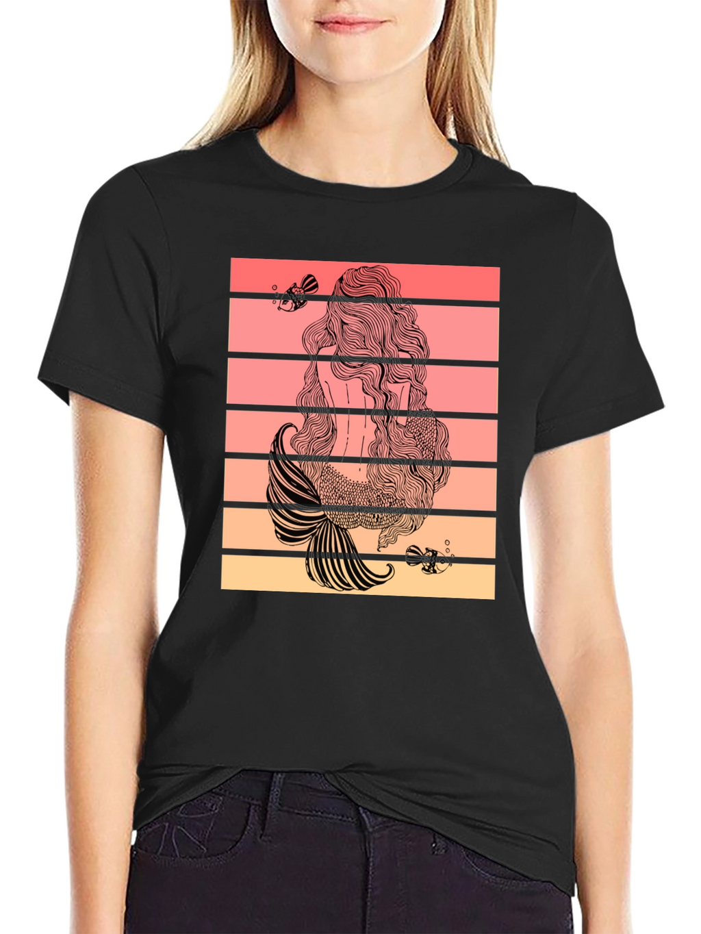 Mermaid Tail T-Shirt Retro Striped Graphic Tee