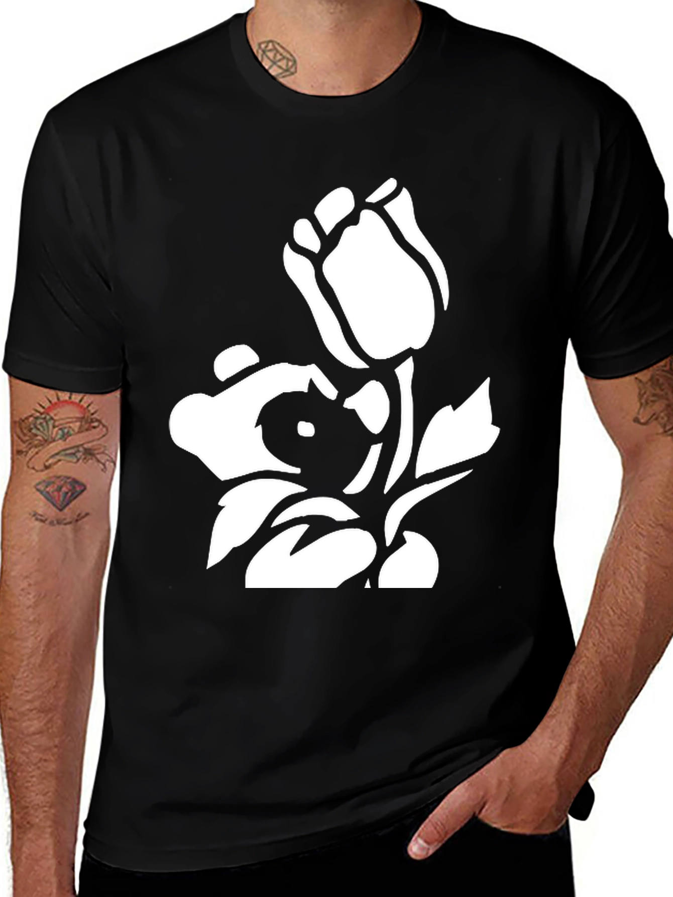 Black T-Shirt with Floral Graphic