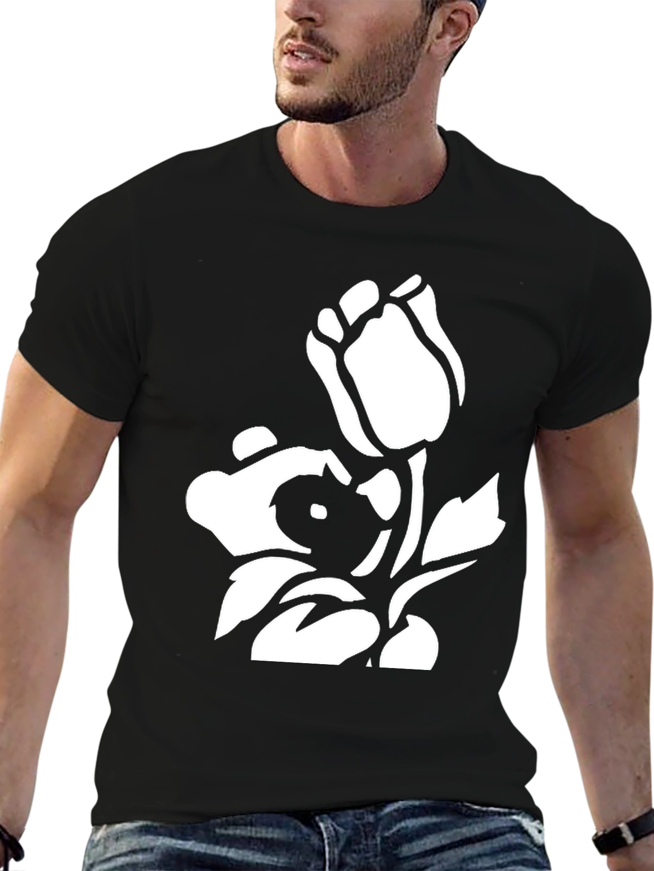 Black T-Shirt with Floral Graphic