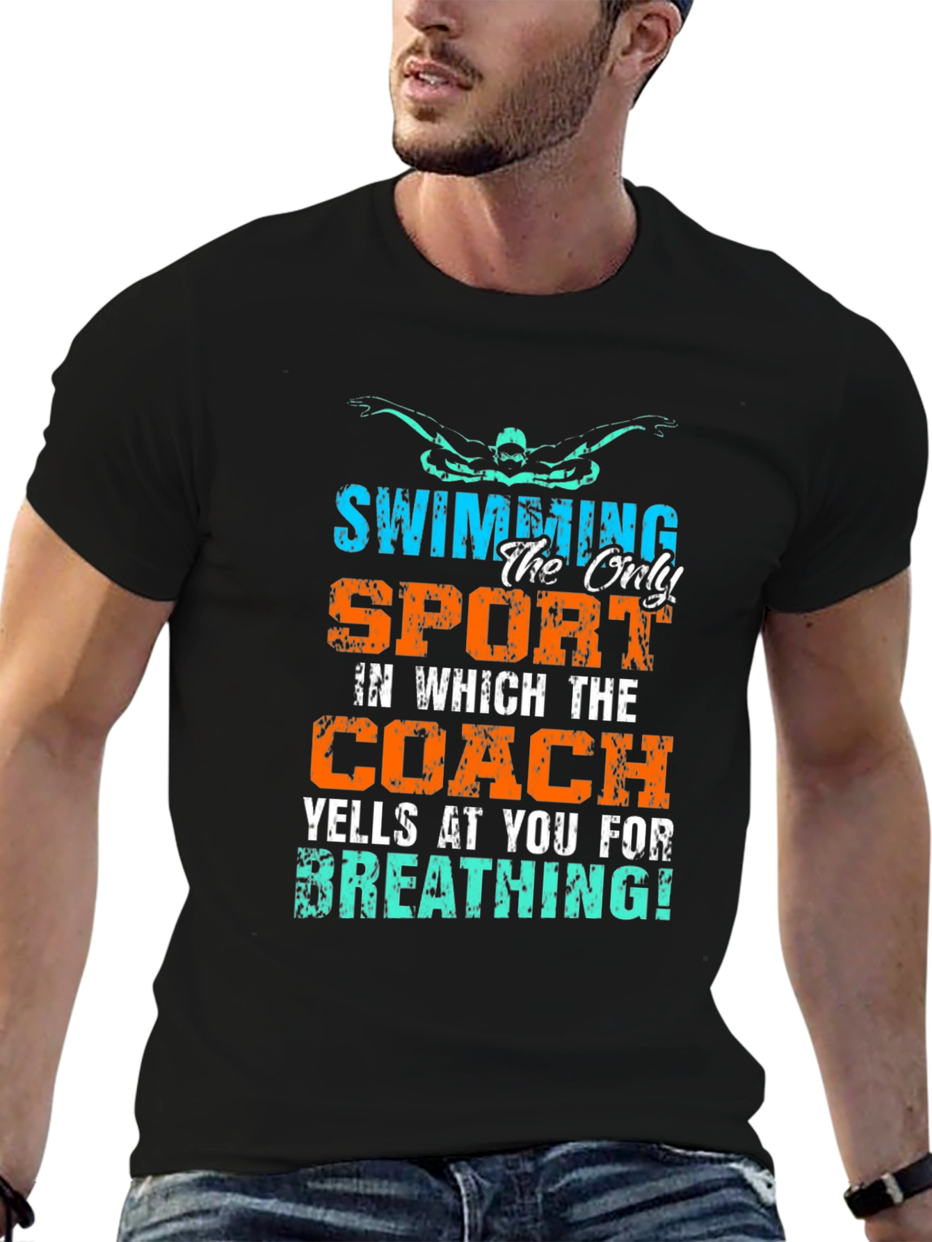 Funny Swimming T-Shirt: Coach Yells About Breathing