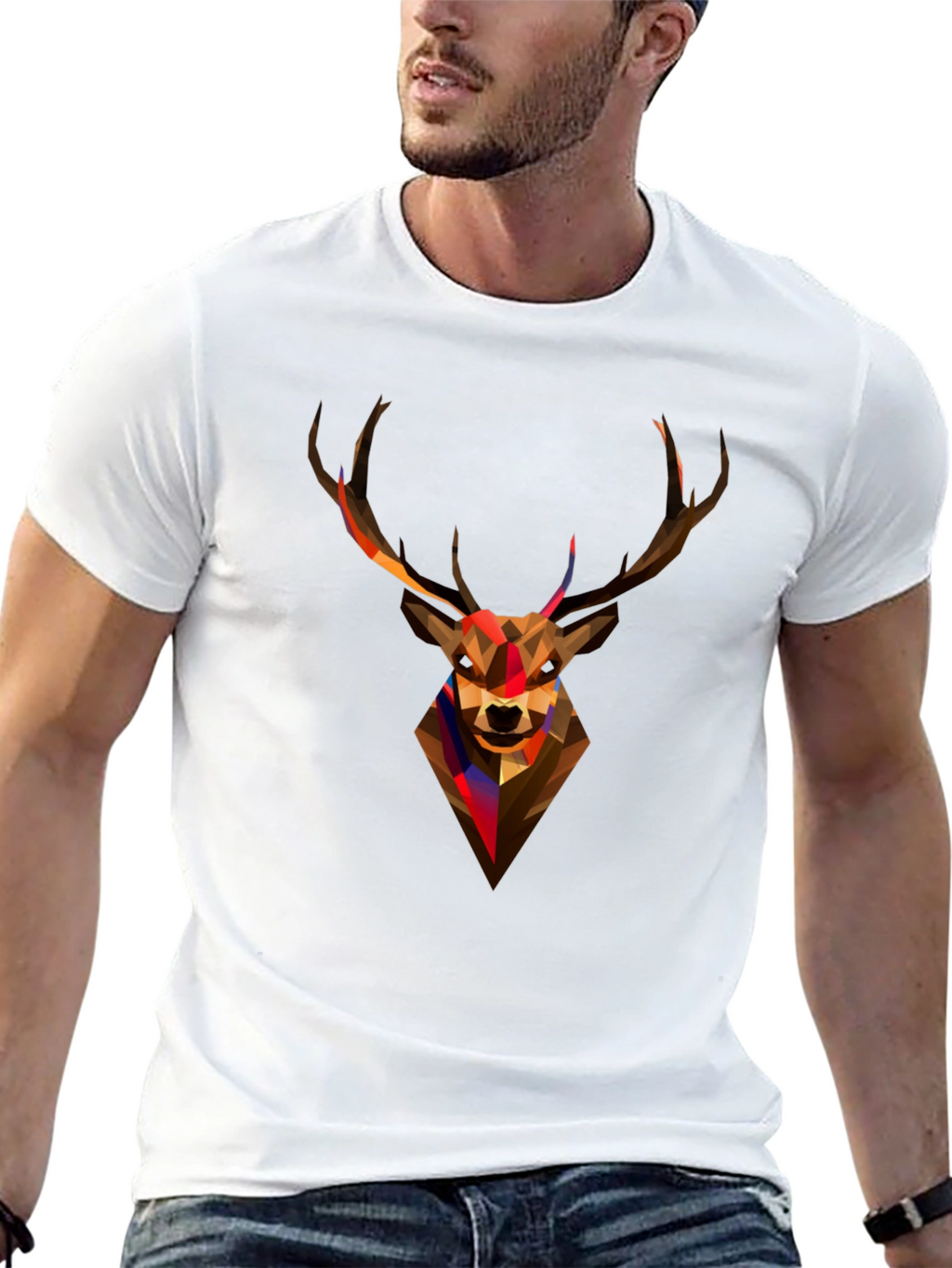 Geometric Deer Head Graphic Tee - Black