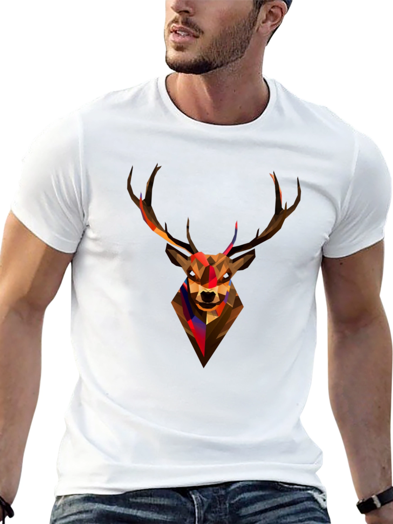 Geometric Deer Head Graphic Tee - Black