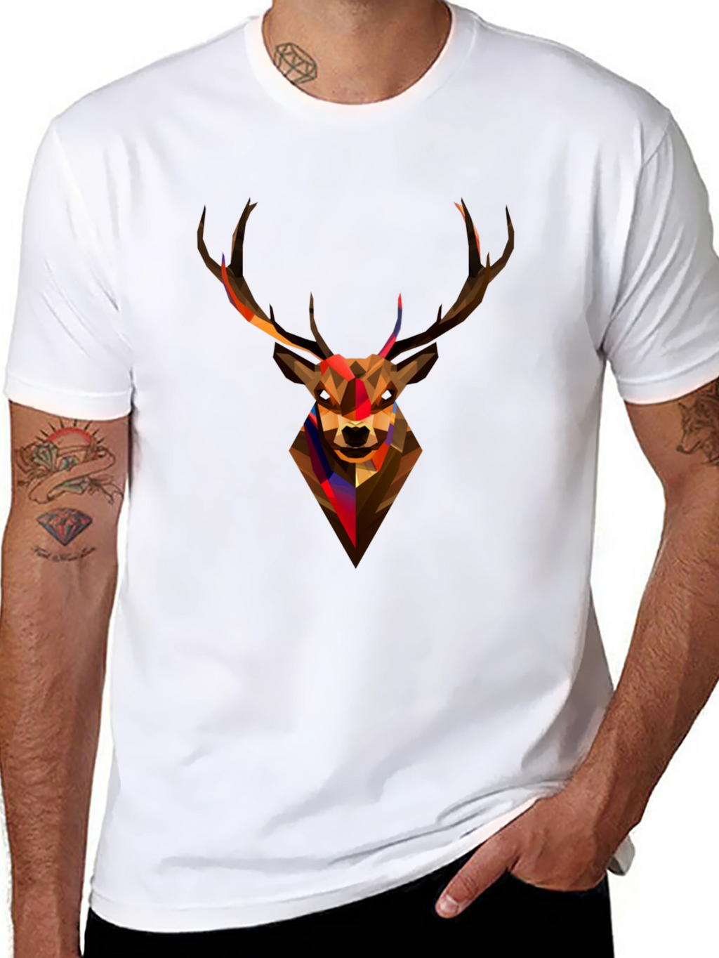 Geometric Deer Head Graphic Tee - Black