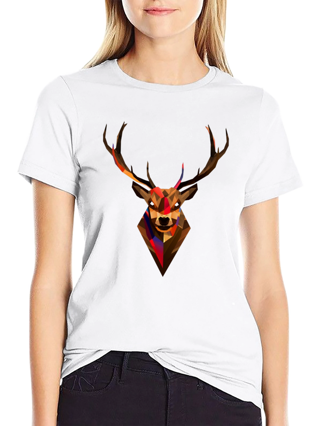 Geometric Deer Head Graphic Tee - Black