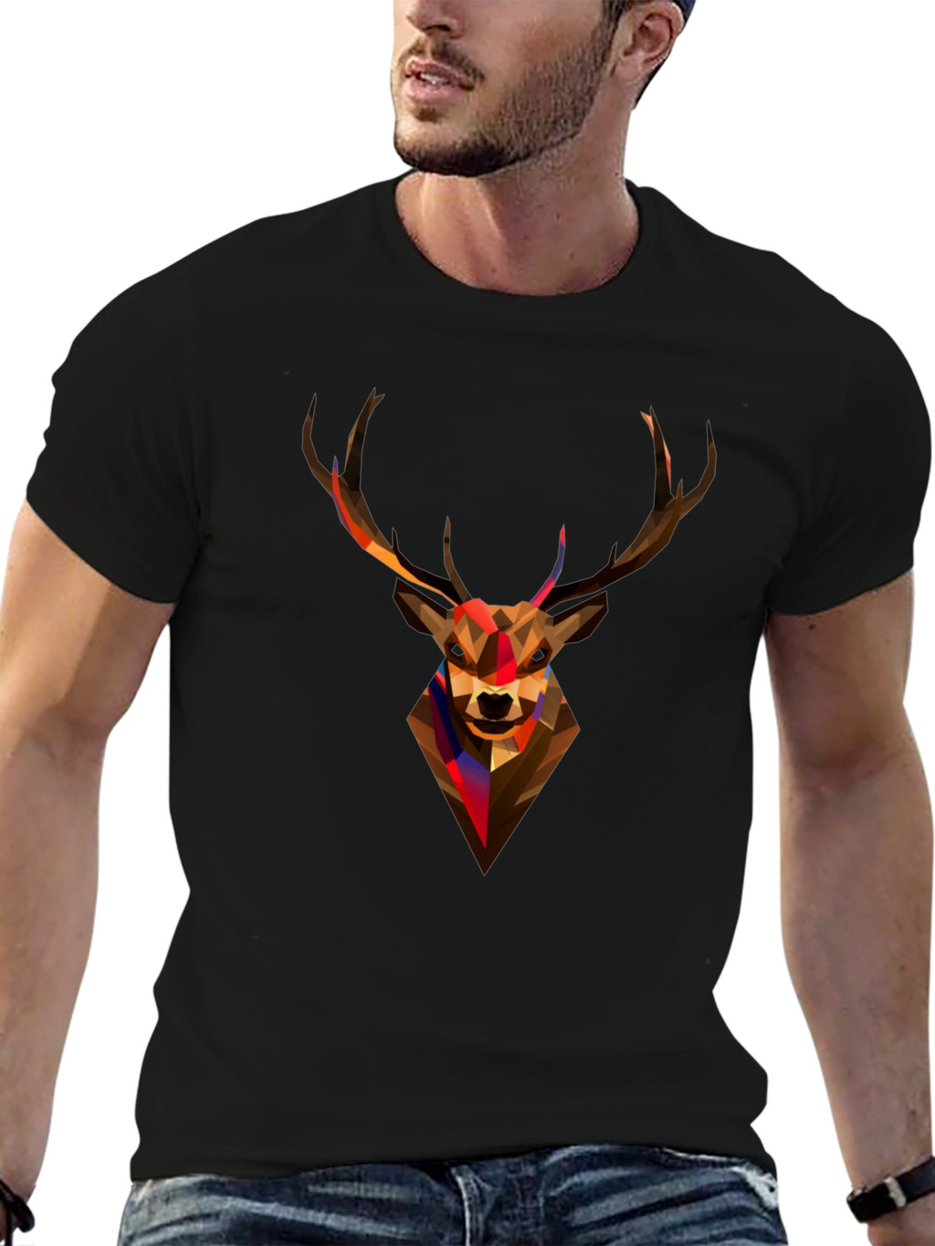 Geometric Deer Head Graphic Tee - Black
