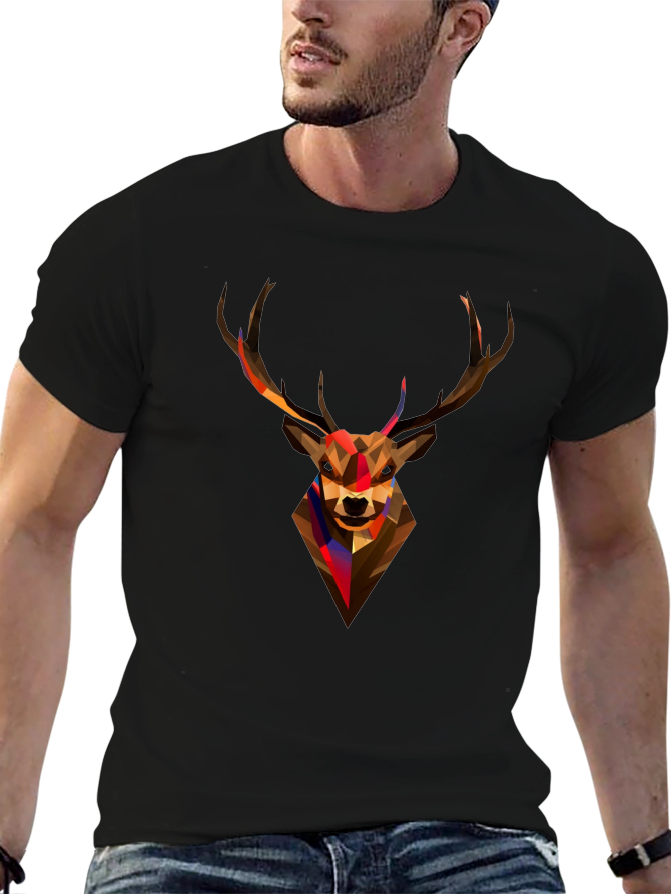 Geometric Deer Head Graphic Tee - Black
